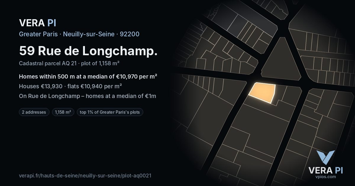 59 Rue de Longchamp, Neuilly-sur-Seine at night – the plot lit, the parcels around coloured by the prices near them