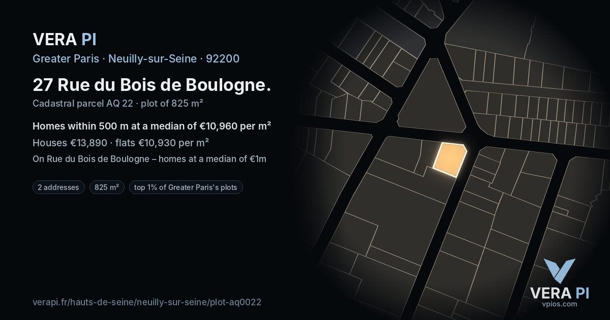 27 Rue du Bois de Boulogne, Neuilly-sur-Seine at night – the plot lit, the parcels around coloured by the prices near them