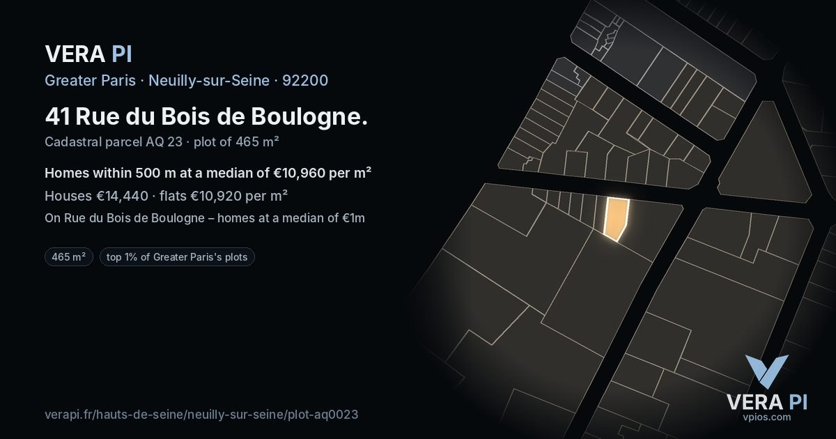 41 Rue du Bois de Boulogne, Neuilly-sur-Seine at night – the plot lit, the parcels around coloured by the prices near them