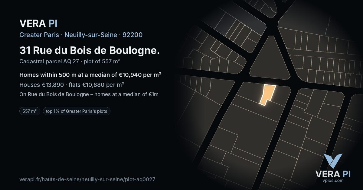 31 Rue du Bois de Boulogne, Neuilly-sur-Seine at night – the plot lit, the parcels around coloured by the prices near them