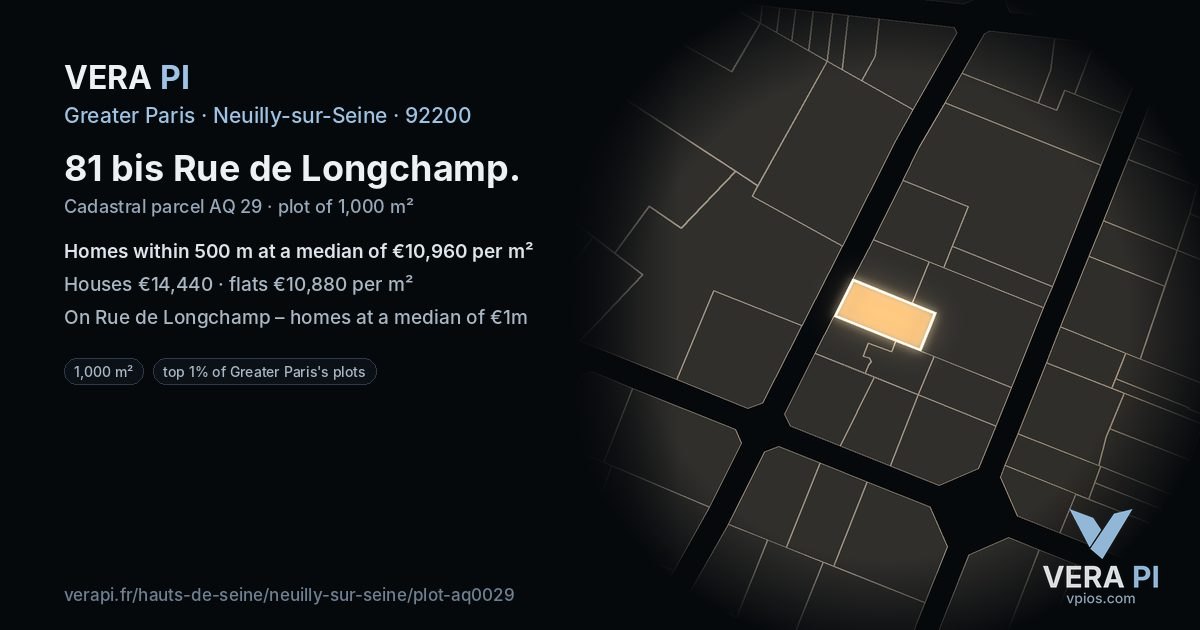 81 bis Rue de Longchamp, Neuilly-sur-Seine at night – the plot lit, the parcels around coloured by the prices near them
