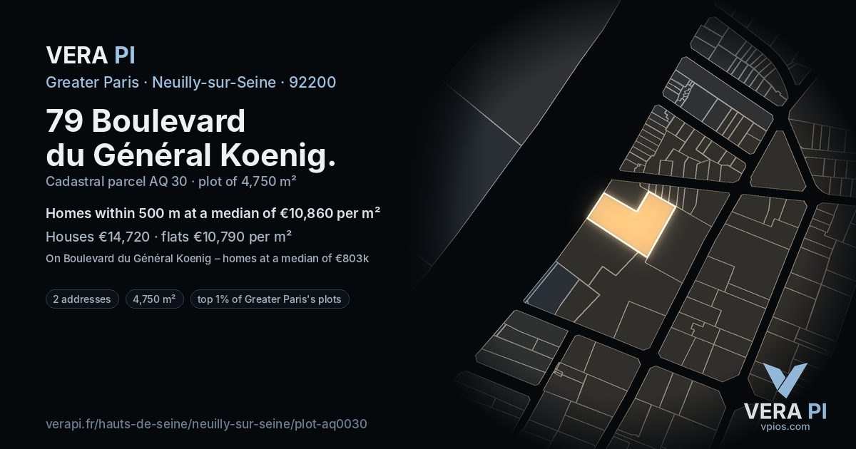 79 Boulevard du Général Koenig, Neuilly-sur-Seine at night – the plot lit, the parcels around coloured by the prices near them