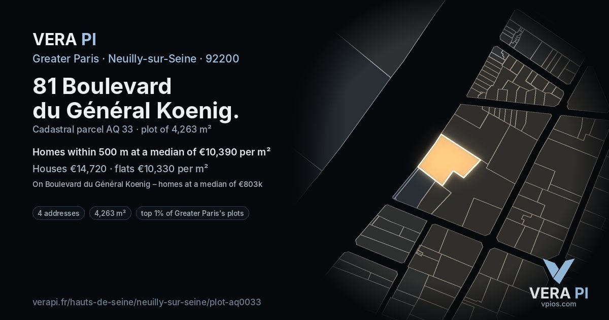81 Boulevard du Général Koenig, Neuilly-sur-Seine at night – the plot lit, the parcels around coloured by the prices near them