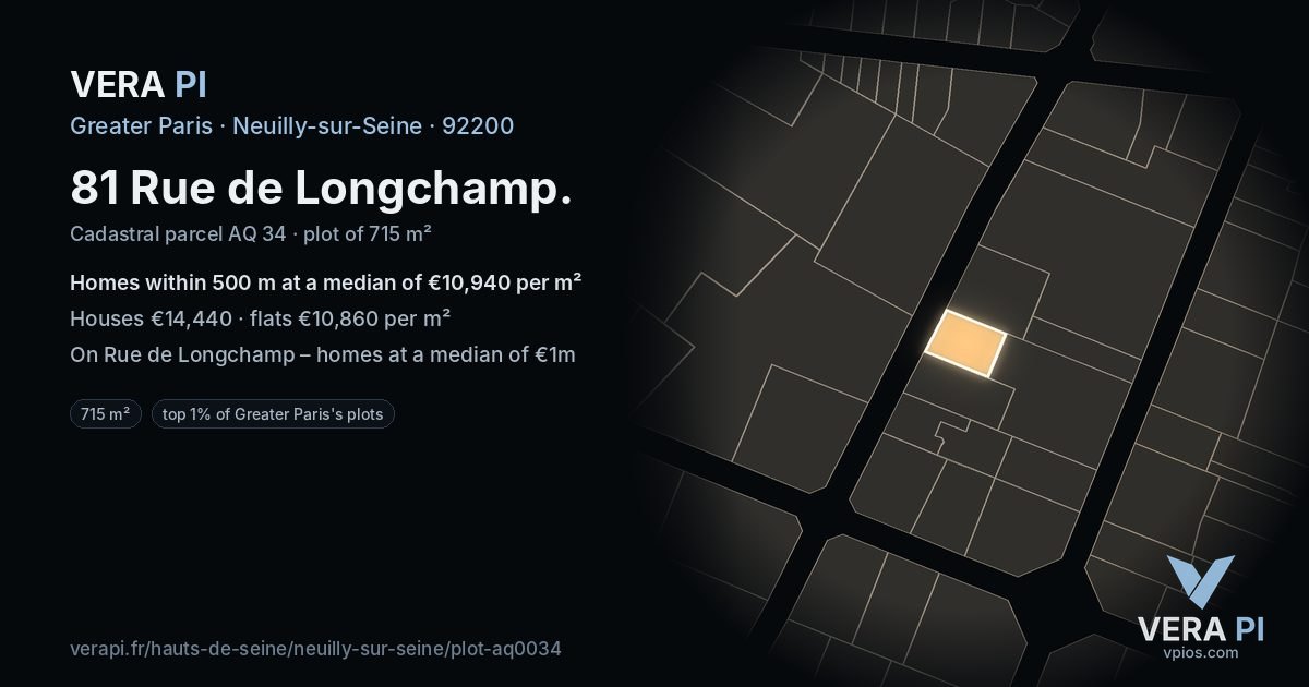 81 Rue de Longchamp, Neuilly-sur-Seine at night – the plot lit, the parcels around coloured by the prices near them