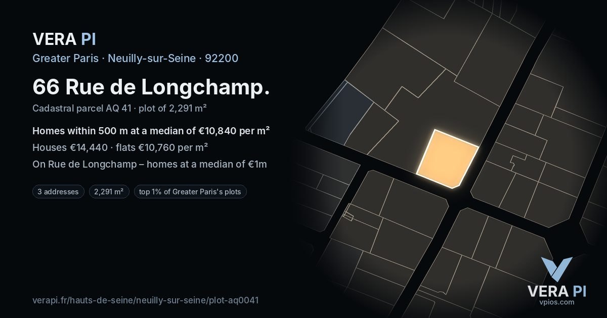 66 Rue de Longchamp, Neuilly-sur-Seine at night – the plot lit, the parcels around coloured by the prices near them