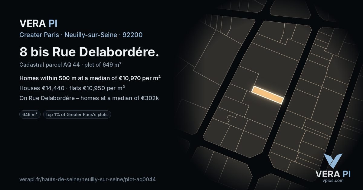8 bis Rue Delabordére, Neuilly-sur-Seine at night – the plot lit, the parcels around coloured by the prices near them