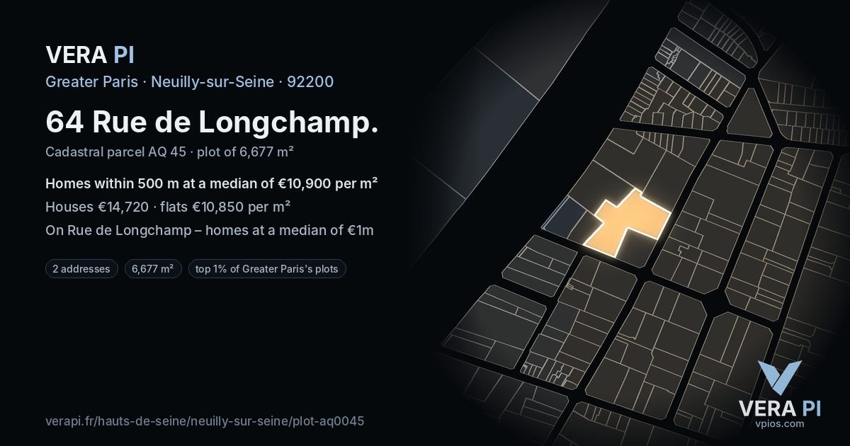 64 Rue de Longchamp, Neuilly-sur-Seine at night – the plot lit, the parcels around coloured by the prices near them