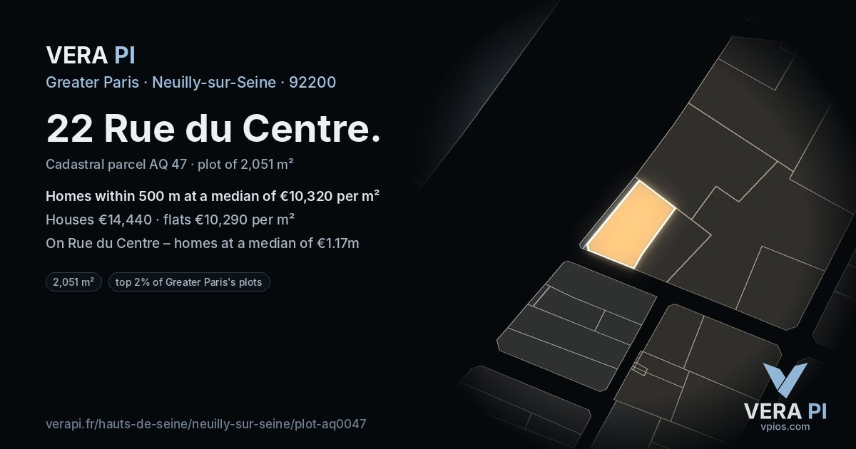22 Rue du Centre, Neuilly-sur-Seine at night – the plot lit, the parcels around coloured by the prices near them