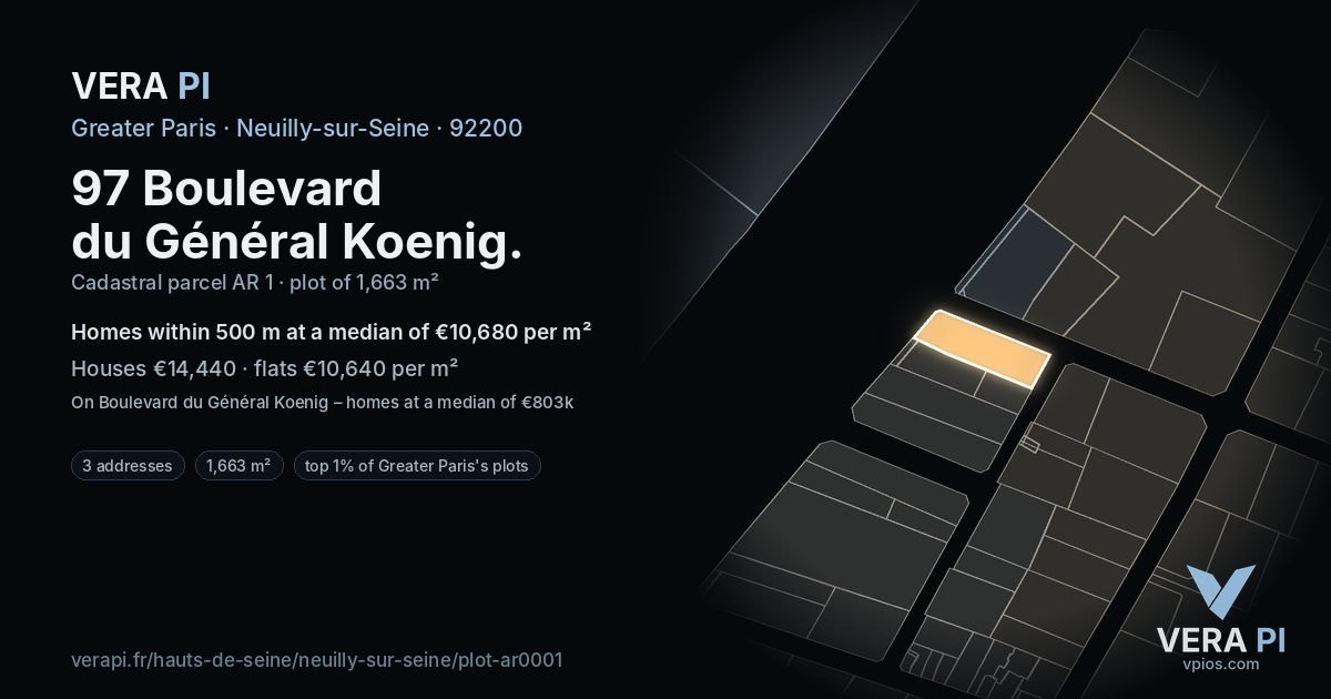97 Boulevard du Général Koenig, Neuilly-sur-Seine at night – the plot lit, the parcels around coloured by the prices near them