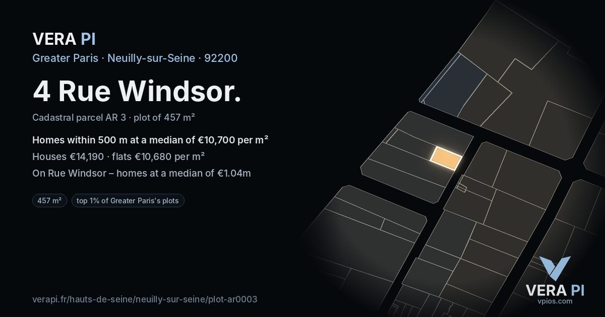 4 Rue Windsor, Neuilly-sur-Seine at night – the plot lit, the parcels around coloured by the prices near them