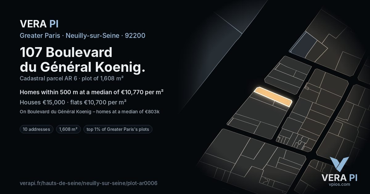 107 Boulevard du Général Koenig, Neuilly-sur-Seine at night – the plot lit, the parcels around coloured by the prices near them