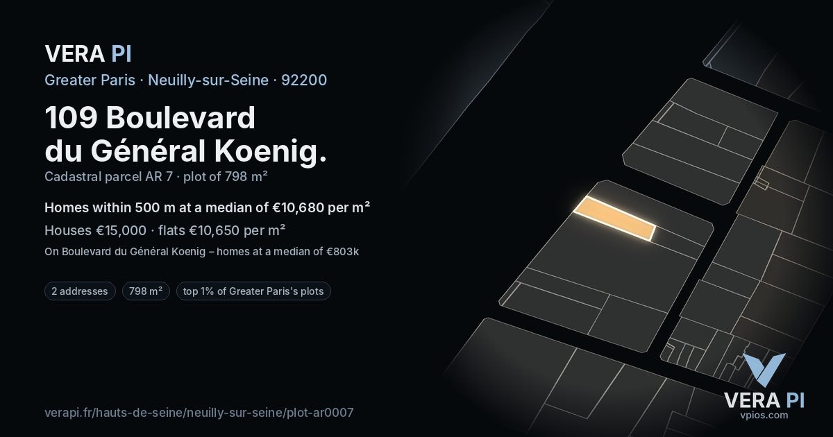 109 Boulevard du Général Koenig, Neuilly-sur-Seine at night – the plot lit, the parcels around coloured by the prices near them