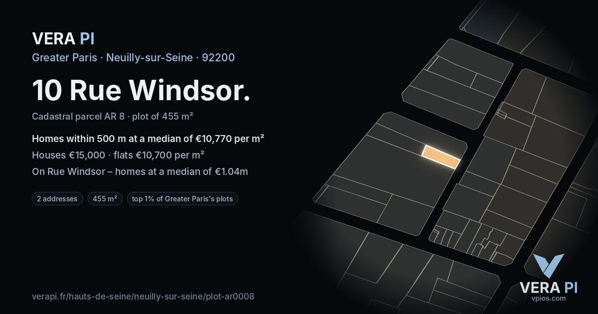 10 Rue Windsor, Neuilly-sur-Seine at night – the plot lit, the parcels around coloured by the prices near them