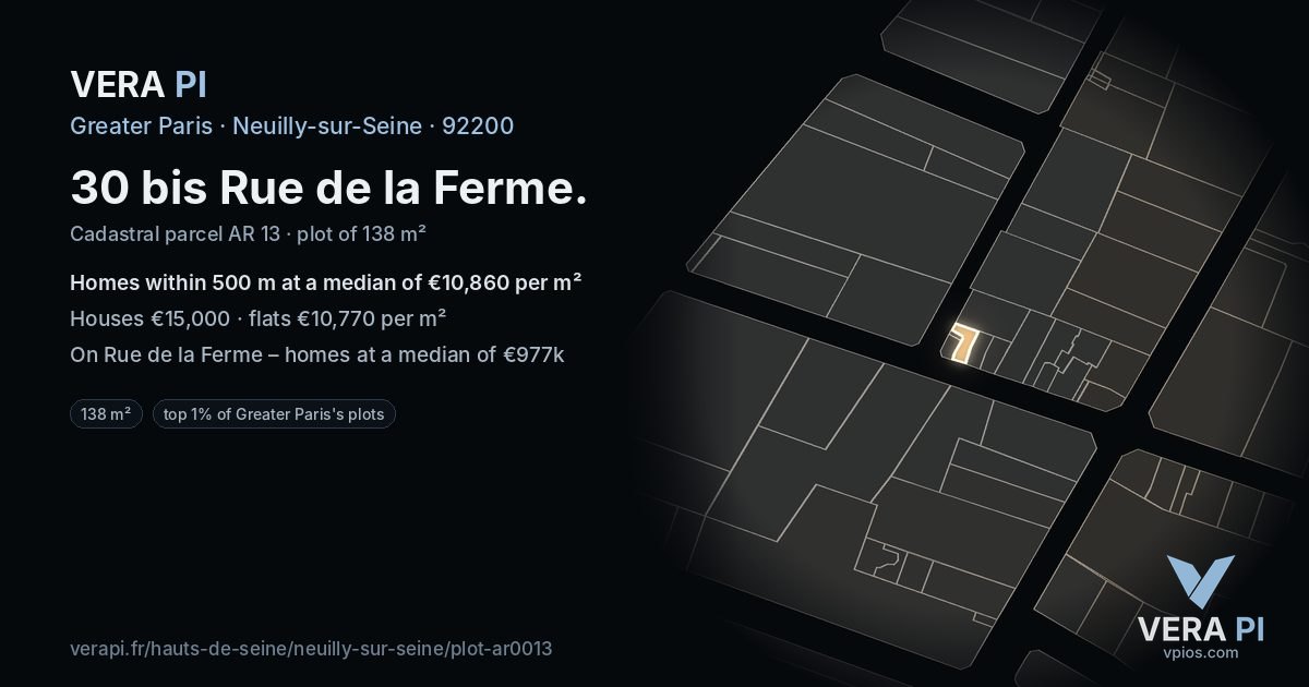 30 bis Rue de la Ferme, Neuilly-sur-Seine at night – the plot lit, the parcels around coloured by the prices near them