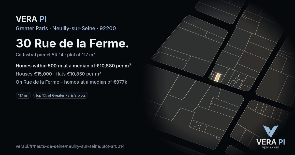 30 Rue de la Ferme, Neuilly-sur-Seine at night – the plot lit, the parcels around coloured by the prices near them