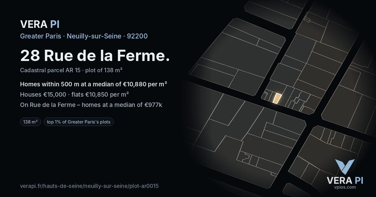 28 Rue de la Ferme, Neuilly-sur-Seine at night – the plot lit, the parcels around coloured by the prices near them