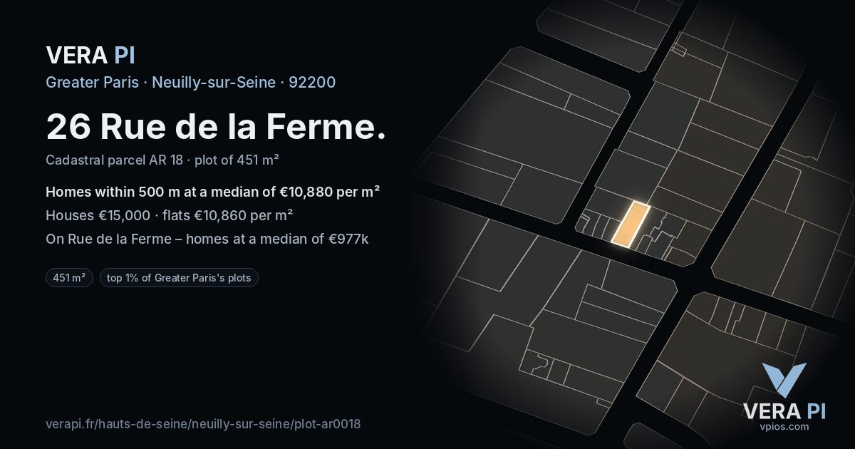 26 Rue de la Ferme, Neuilly-sur-Seine at night – the plot lit, the parcels around coloured by the prices near them