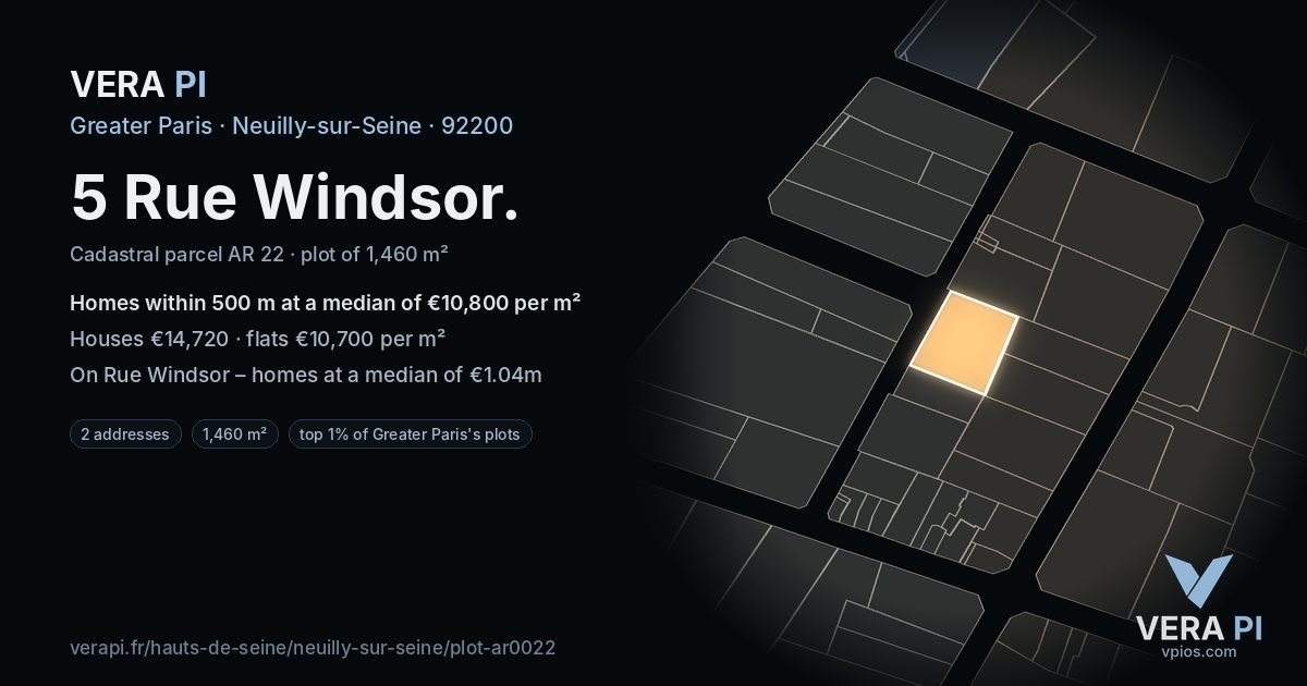 5 Rue Windsor, Neuilly-sur-Seine at night – the plot lit, the parcels around coloured by the prices near them