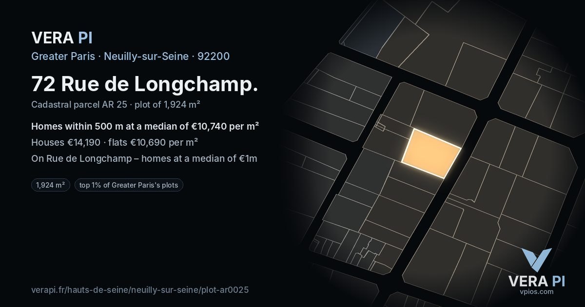 72 Rue de Longchamp, Neuilly-sur-Seine at night – the plot lit, the parcels around coloured by the prices near them