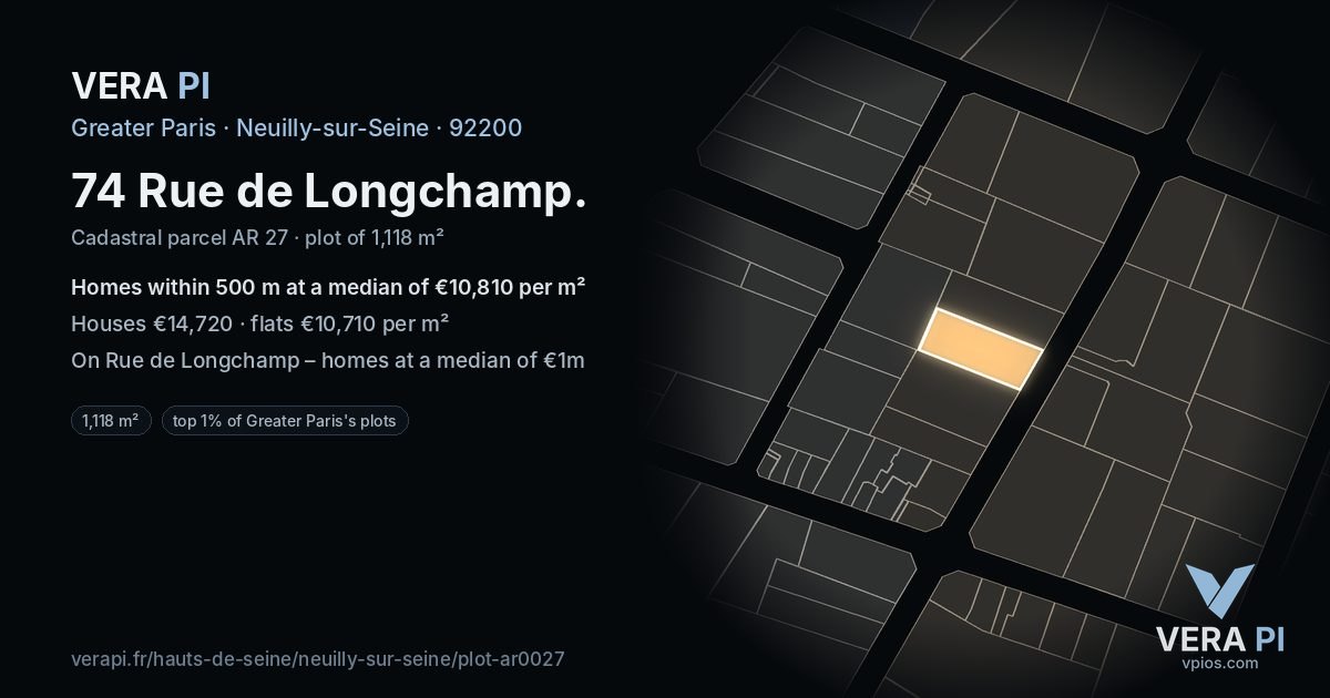74 Rue de Longchamp, Neuilly-sur-Seine at night – the plot lit, the parcels around coloured by the prices near them