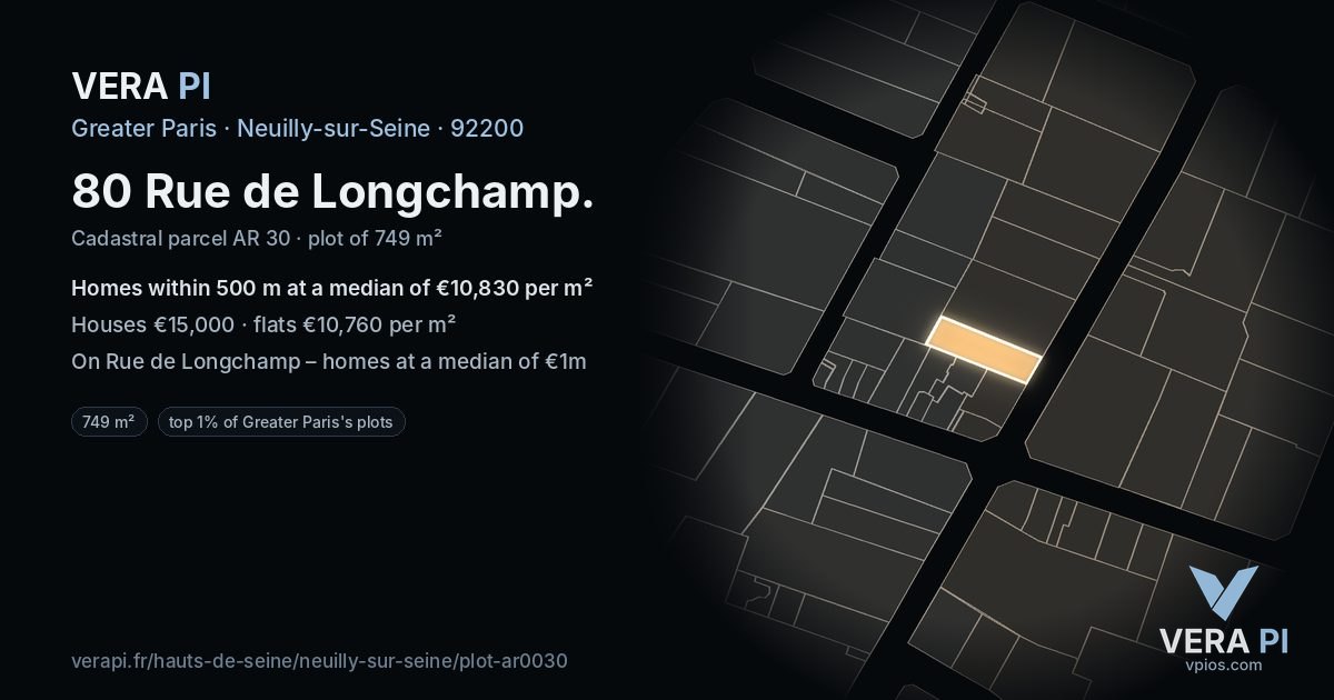80 Rue de Longchamp, Neuilly-sur-Seine at night – the plot lit, the parcels around coloured by the prices near them