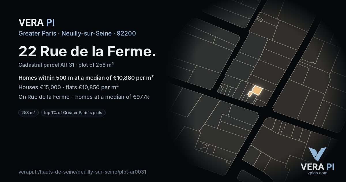 22 Rue de la Ferme, Neuilly-sur-Seine at night – the plot lit, the parcels around coloured by the prices near them