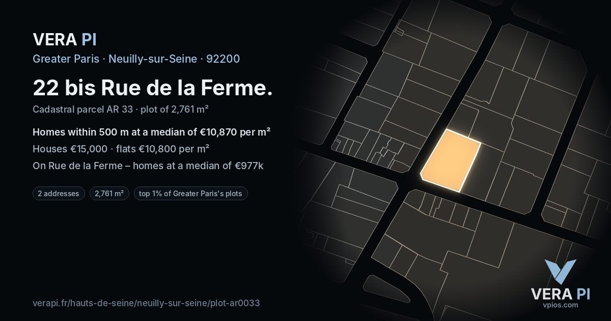 22 bis Rue de la Ferme, Neuilly-sur-Seine at night – the plot lit, the parcels around coloured by the prices near them