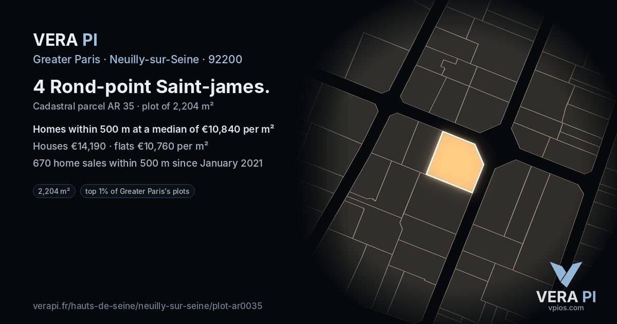 4 Rond-point Saint-james, Neuilly-sur-Seine at night – the plot lit, the parcels around coloured by the prices near them