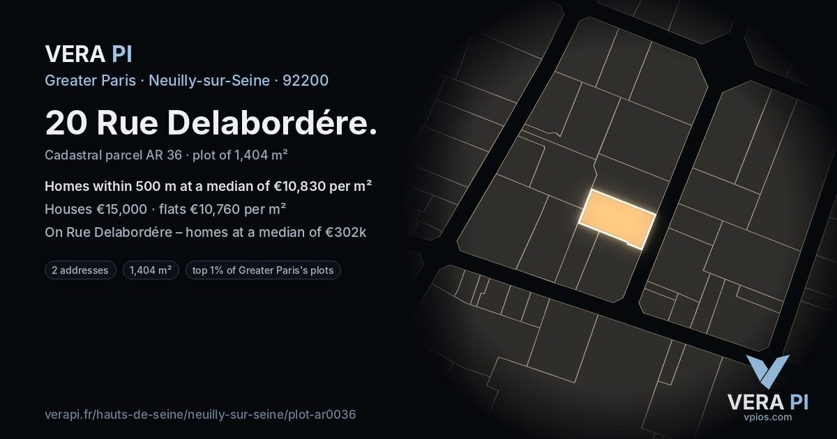 20 Rue Delabordére, Neuilly-sur-Seine at night – the plot lit, the parcels around coloured by the prices near them