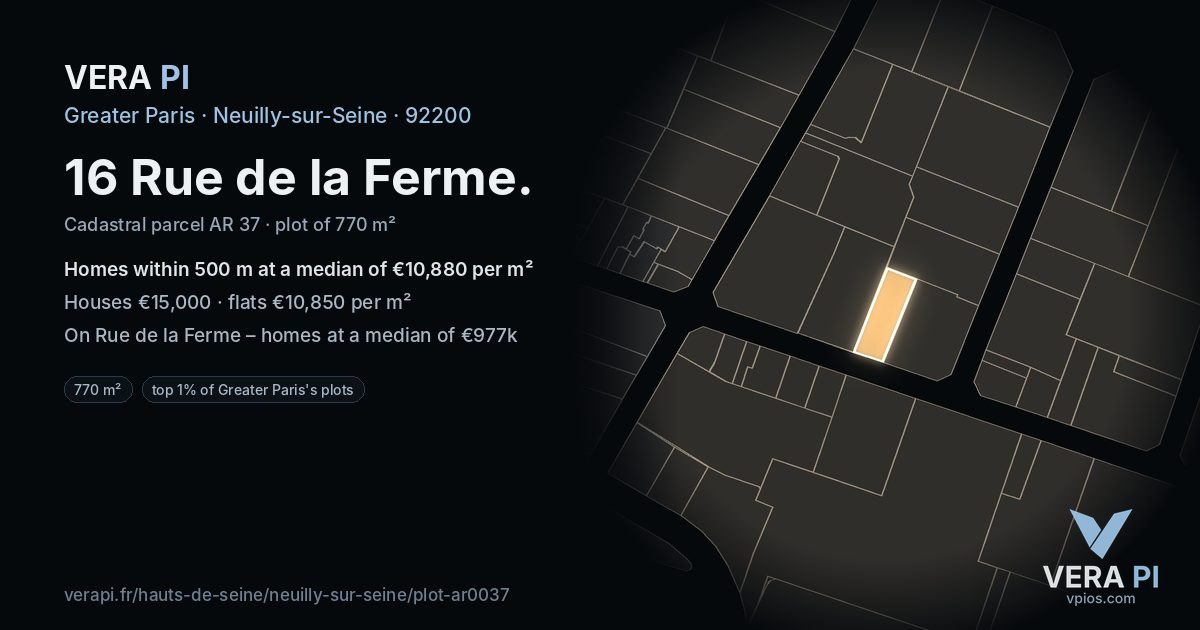 16 Rue de la Ferme, Neuilly-sur-Seine at night – the plot lit, the parcels around coloured by the prices near them