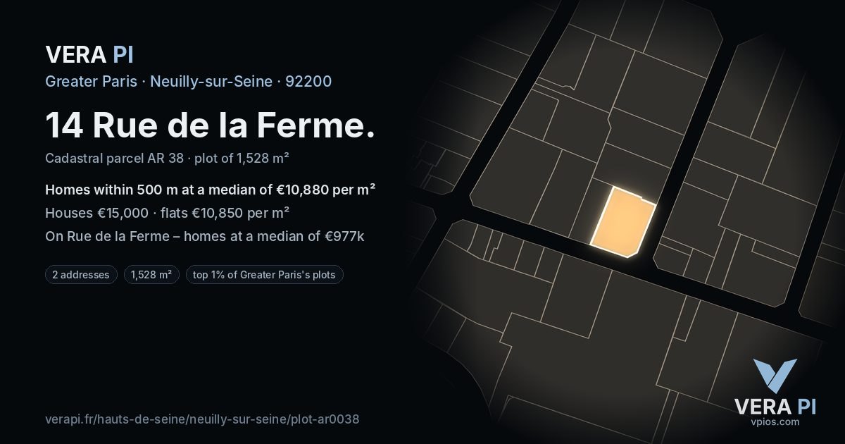 14 Rue de la Ferme, Neuilly-sur-Seine at night – the plot lit, the parcels around coloured by the prices near them