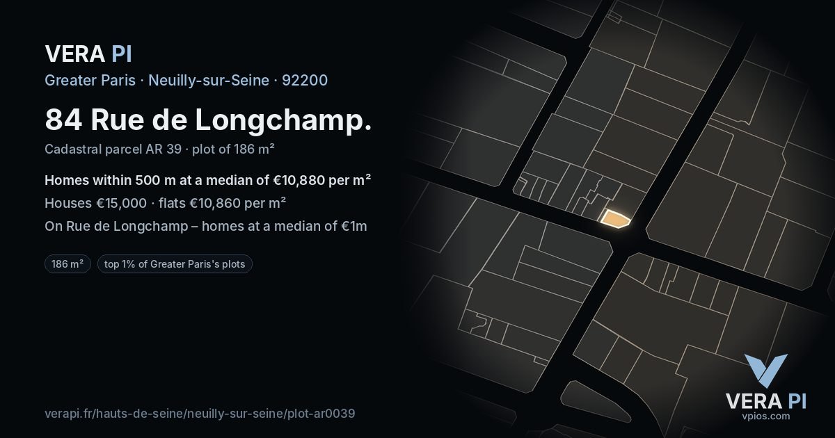 84 Rue de Longchamp, Neuilly-sur-Seine at night – the plot lit, the parcels around coloured by the prices near them
