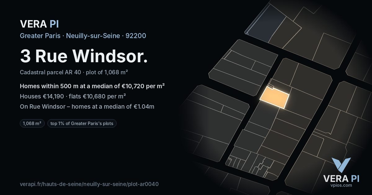 3 Rue Windsor, Neuilly-sur-Seine at night – the plot lit, the parcels around coloured by the prices near them
