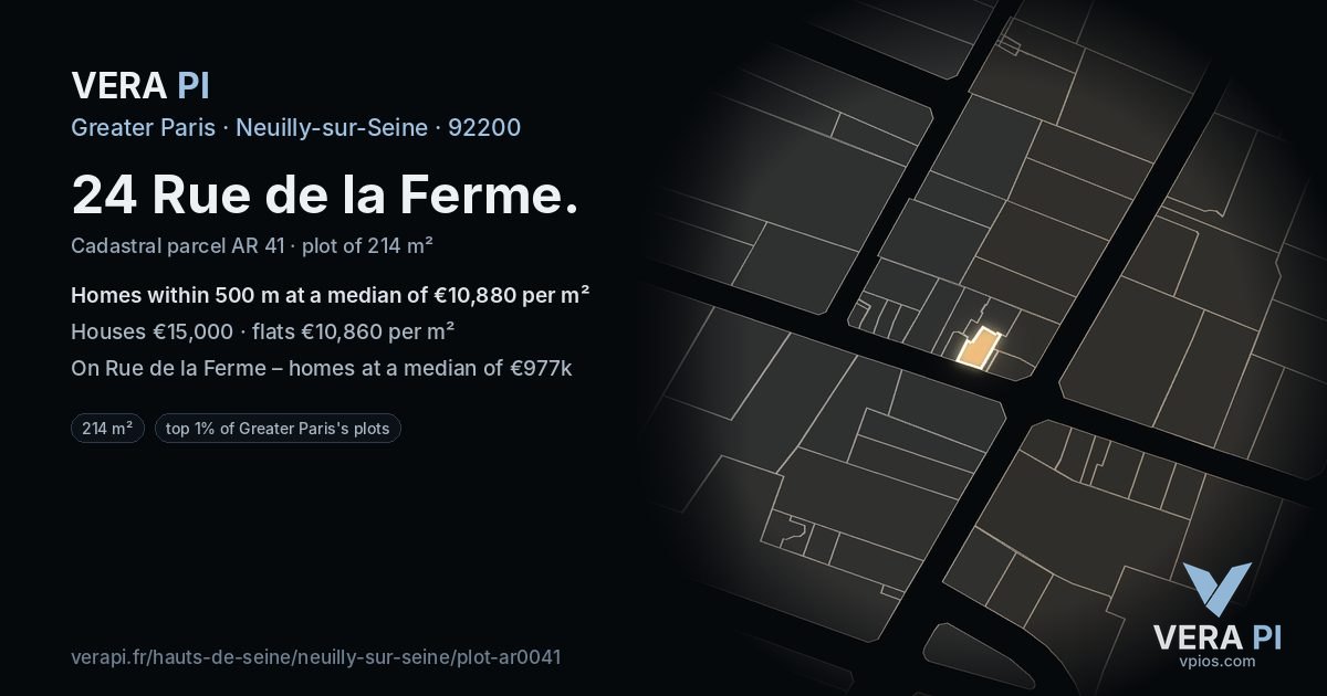 24 Rue de la Ferme, Neuilly-sur-Seine at night – the plot lit, the parcels around coloured by the prices near them