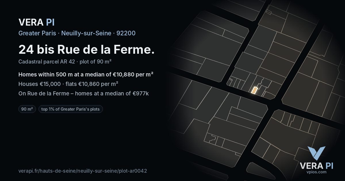 24 bis Rue de la Ferme, Neuilly-sur-Seine at night – the plot lit, the parcels around coloured by the prices near them