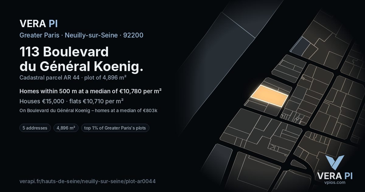 113 Boulevard du Général Koenig, Neuilly-sur-Seine at night – the plot lit, the parcels around coloured by the prices near them