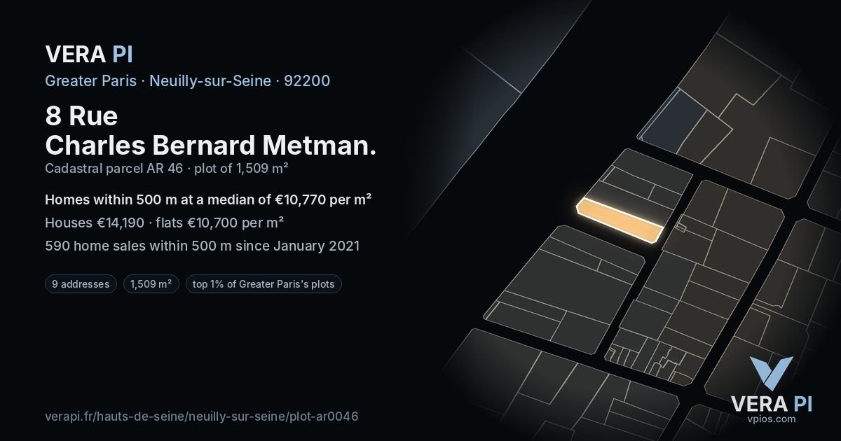 8 Rue Charles Bernard Metman, Neuilly-sur-Seine at night – the plot lit, the parcels around coloured by the prices near them