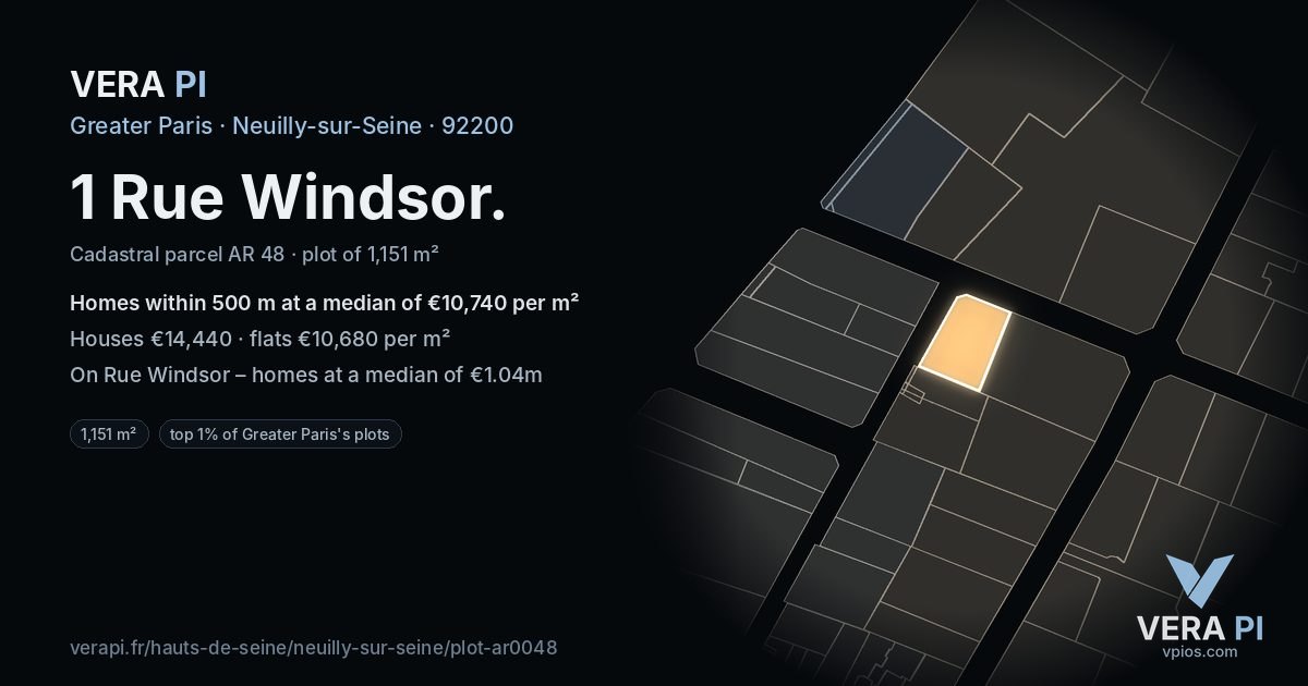 1 Rue Windsor, Neuilly-sur-Seine at night – the plot lit, the parcels around coloured by the prices near them