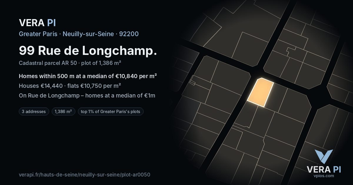 99 Rue de Longchamp, Neuilly-sur-Seine at night – the plot lit, the parcels around coloured by the prices near them