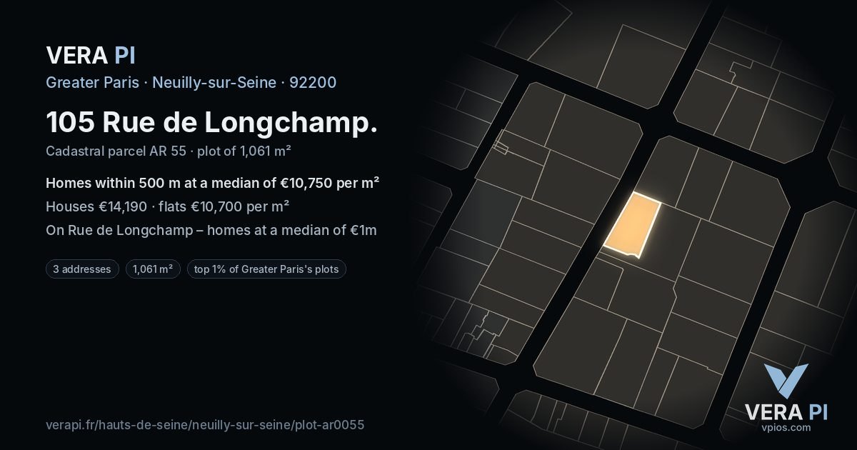 105 Rue de Longchamp, Neuilly-sur-Seine at night – the plot lit, the parcels around coloured by the prices near them