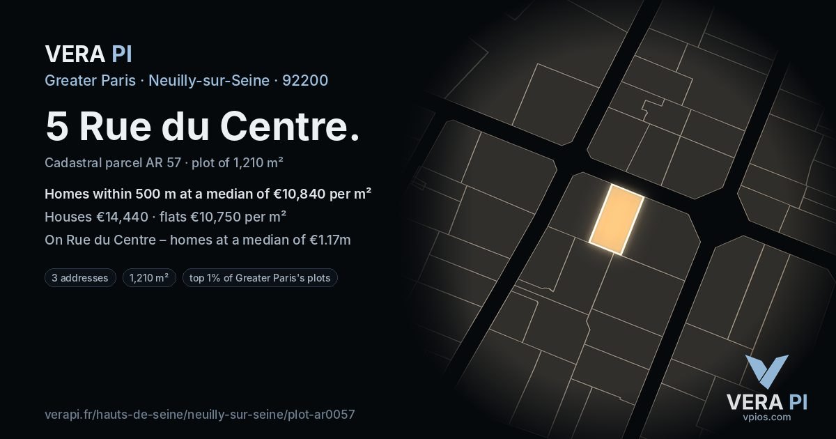 5 Rue du Centre, Neuilly-sur-Seine at night – the plot lit, the parcels around coloured by the prices near them