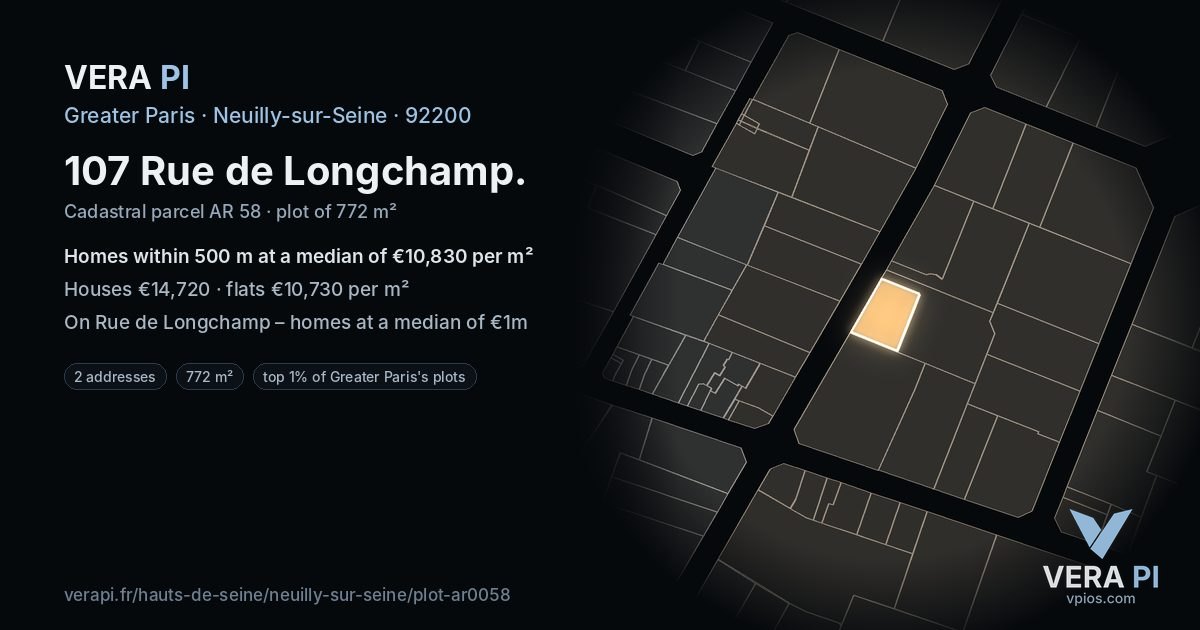 107 Rue de Longchamp, Neuilly-sur-Seine at night – the plot lit, the parcels around coloured by the prices near them