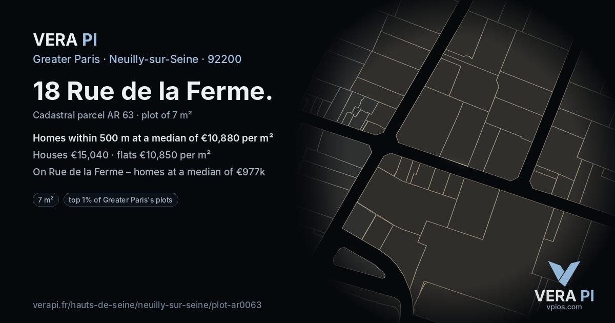 18 Rue de la Ferme, Neuilly-sur-Seine at night – the plot lit, the parcels around coloured by the prices near them