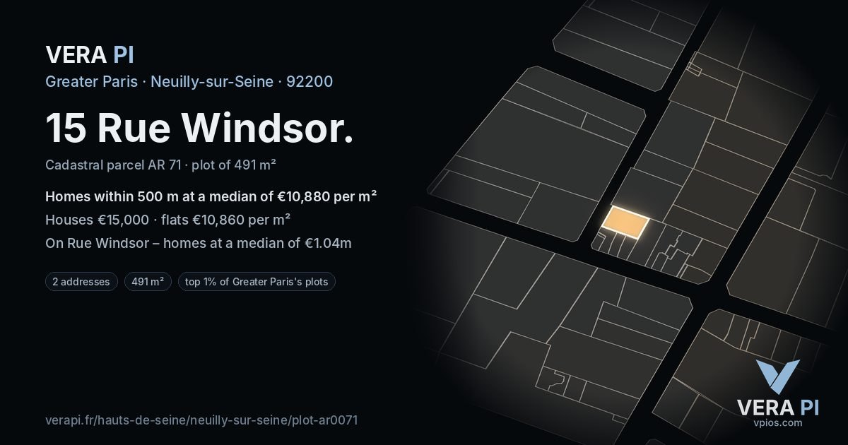 15 Rue Windsor, Neuilly-sur-Seine at night – the plot lit, the parcels around coloured by the prices near them