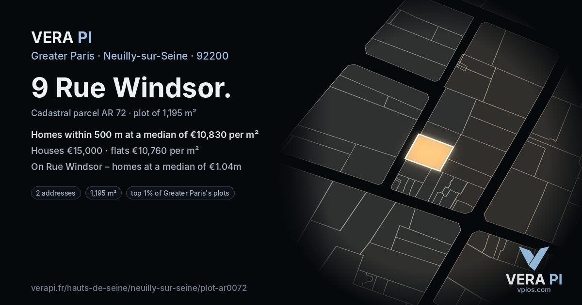 9 Rue Windsor, Neuilly-sur-Seine at night – the plot lit, the parcels around coloured by the prices near them