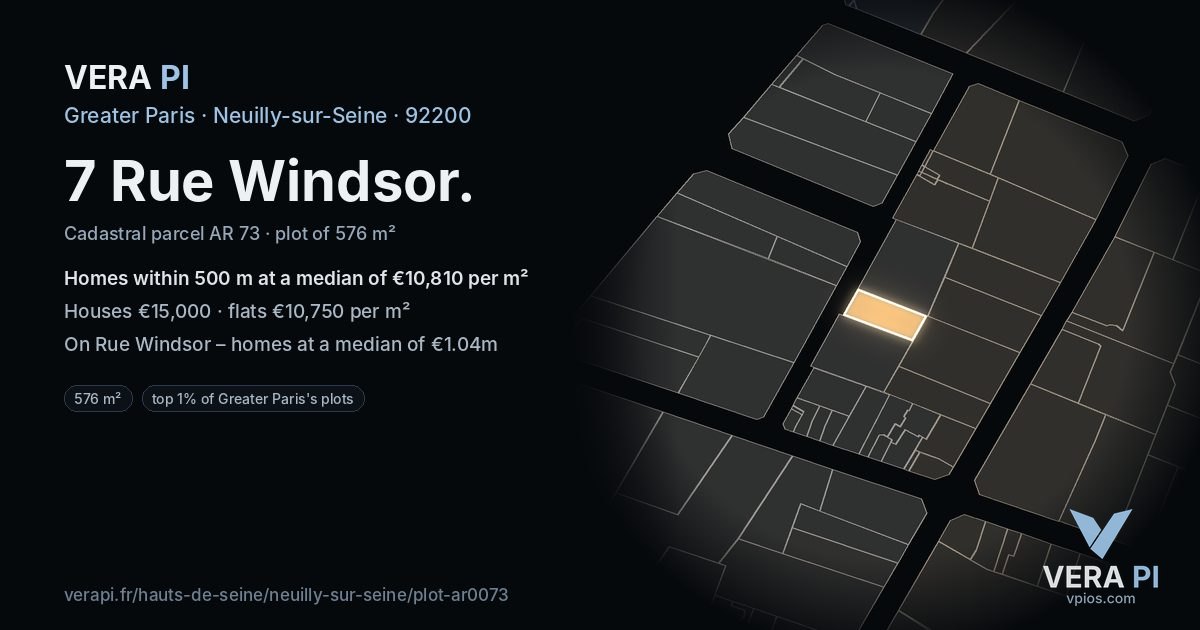 7 Rue Windsor, Neuilly-sur-Seine at night – the plot lit, the parcels around coloured by the prices near them