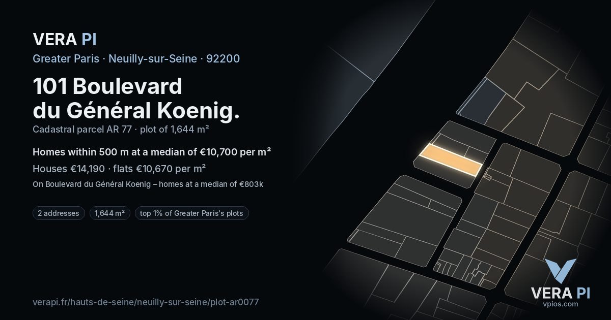 101 Boulevard du Général Koenig, Neuilly-sur-Seine at night – the plot lit, the parcels around coloured by the prices near them