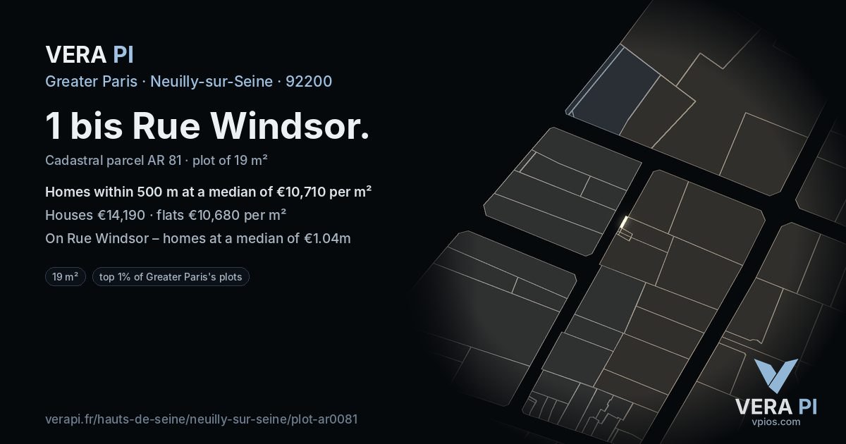 1 bis Rue Windsor, Neuilly-sur-Seine at night – the plot lit, the parcels around coloured by the prices near them