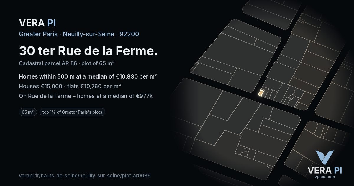 30 ter Rue de la Ferme, Neuilly-sur-Seine at night – the plot lit, the parcels around coloured by the prices near them