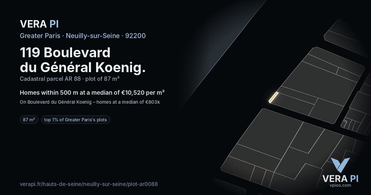 119 Boulevard du Général Koenig, Neuilly-sur-Seine at night – the plot lit, the parcels around coloured by the prices near them